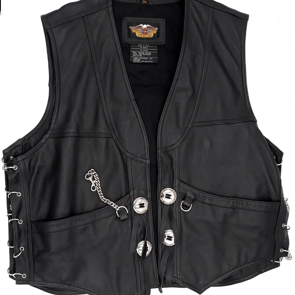 Harley Davidson Black Leather Chain Sides Chain Men's Sz 3XL LongHorn Chapter Gr
